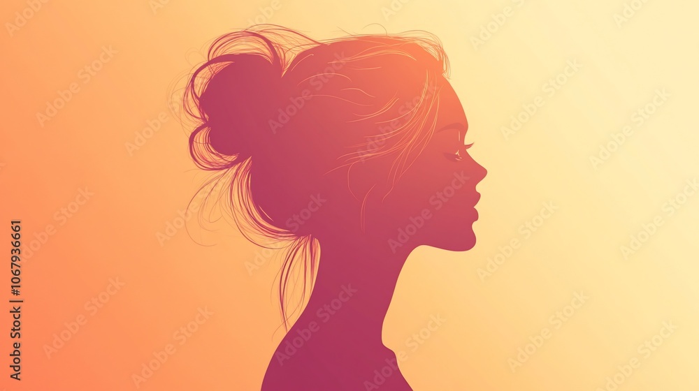 Silhouette of a woman with her hair pulled back in a bun, facing right, against a warm gradient background. Silhouette of a woman with her hair pulled back in a bun, facing right, against a warm gradient background.