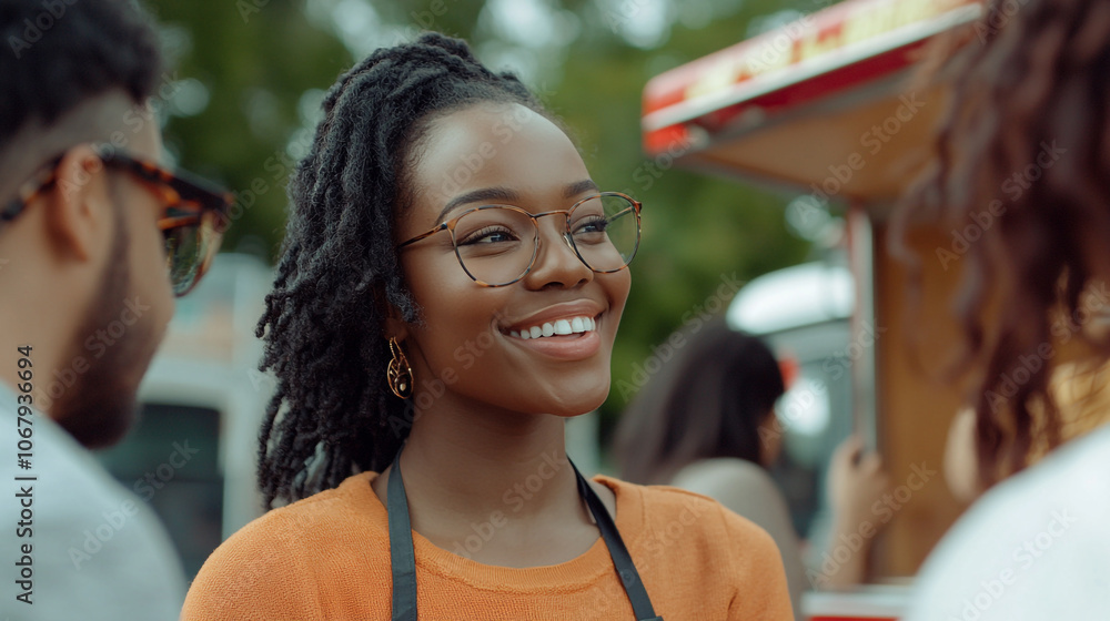 custom made wallpaper toronto digitalSmiling woman engaging with friends at a food truck during a sunny day in the park