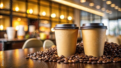 McCafe coffee cups with coffee beans in McDonalds cafe interior , coffee, beans, McCafe, McDonalds, cafe, interior, cups, drink photo