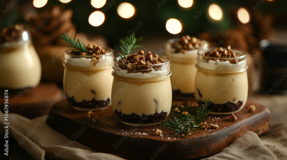 White Chocolate Cream Dessert with Walnuts and Dark Chocolate in Festive Ambiance White Chocolate Cream Dessert with Walnuts and Dark Chocolate in Festive Ambiance