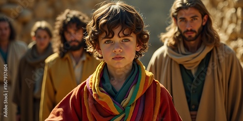 Bible story, Joseph’s Coat of Many Colors, Young Joseph wearing a vibrant, multi-colored coat, with jealous brothers in the background.