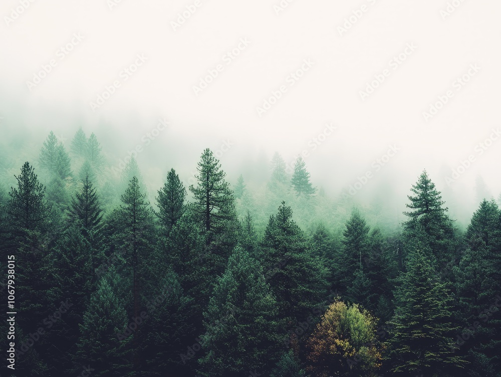 Misty forest landscape with evergreen trees and a touch of autumn color. Misty forest landscape with evergreen trees and a touch of autumn color.