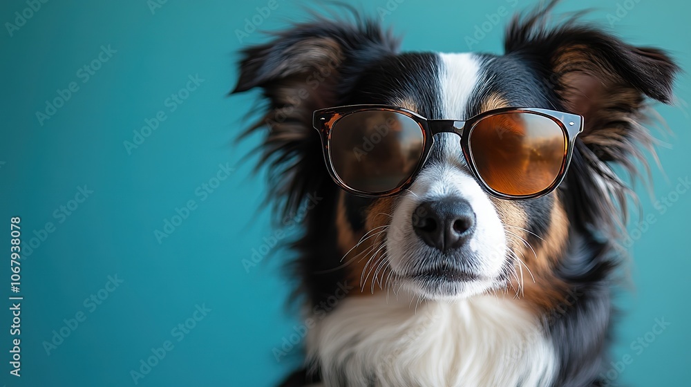 A Border Collie wearing sunglasses against a blue background, showing off cool summer vacation vibes. A Border Collie wearing sunglasses against a blue background, showing off cool summer vacation vibes.