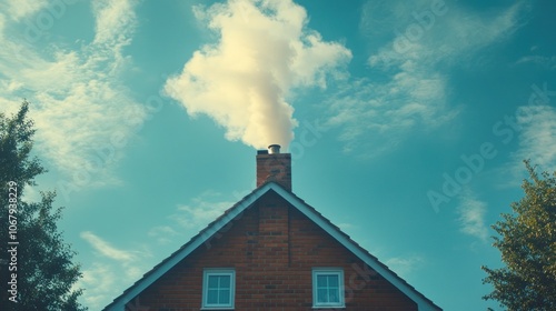 Smoke rising from a chimney of a brick house against a blue sky.