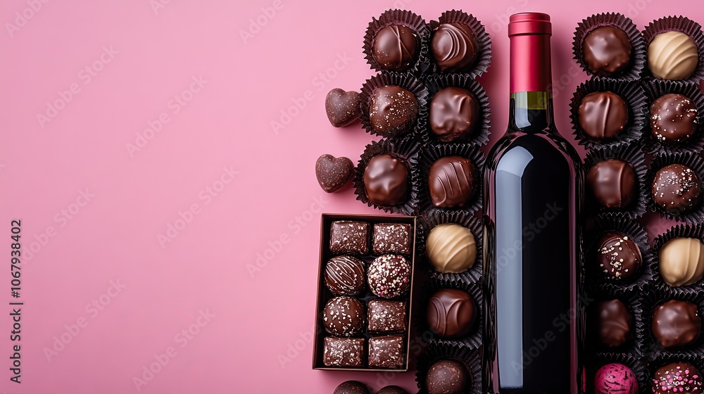 A bottle of red wine sits beside a box of chocolates on a pink background, offering a sweet and romantic gift for Valentine's or Mother's Day. A bottle of red wine sits beside a box of chocolates on a pink background, offering a sweet and romantic gift for Valentine's or Mother's Day.