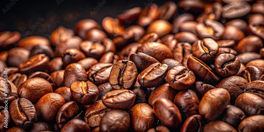 Fototapeta premium Close-up of freshly roasted coffee beans on a dark background , coffee, beans, roasted, dark, background, close-up, aroma