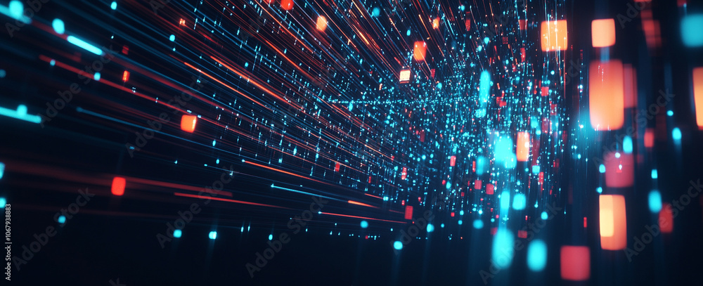 Fototapeta premium Dynamic abstract motion with vibrant light trails creates futuristic atmosphere, showcasing blend of red and blue elements that evoke sense of speed and innovation