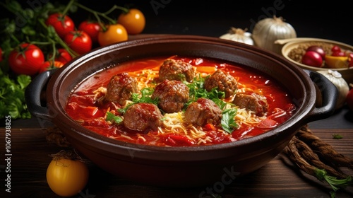 A colorful and appetizing dish of Turkish meatball stew, sulu kÃ¶fte, featuring tender meatballs in a chunky tomato and vegetable stew, served in a warm, traditional ceramic bowl.  photo