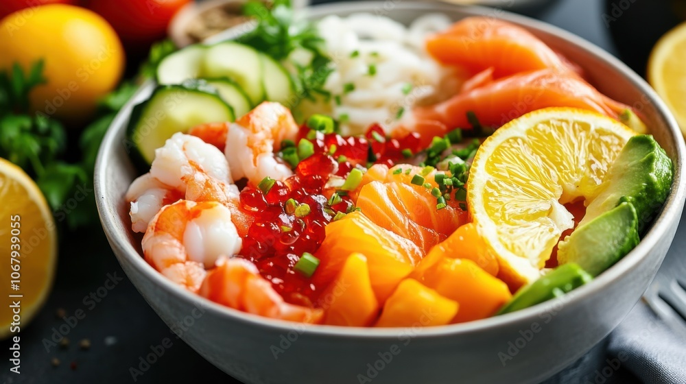 Colorful Ceviche Bowl with Fresh Seafood and Citrus Colorful Ceviche Bowl with Fresh Seafood and Citrus