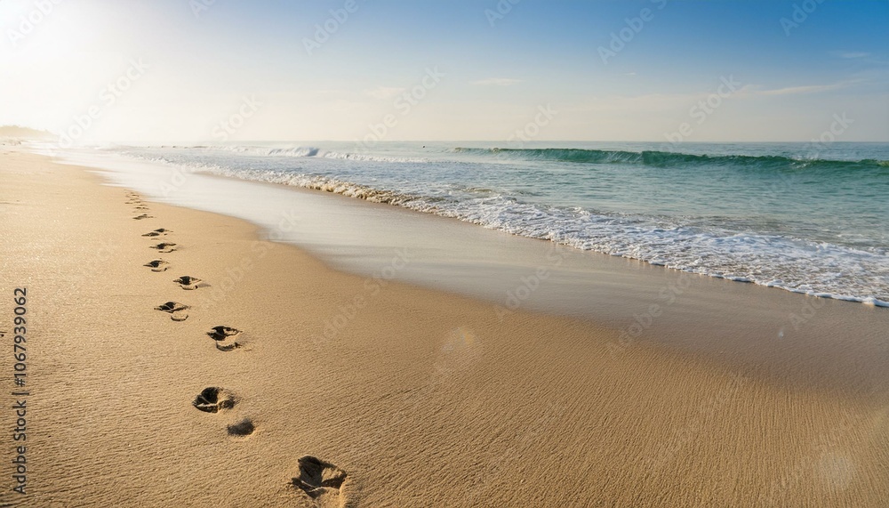 Footprints on the beach sand in the morning Footprints on the beach sand in the morning