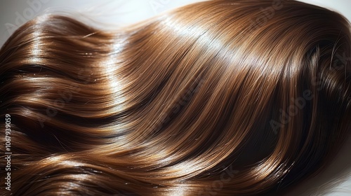 A close-up view of shiny, smooth brown hair cascading gracefully, highlighting its texture and luster in soft lighting.