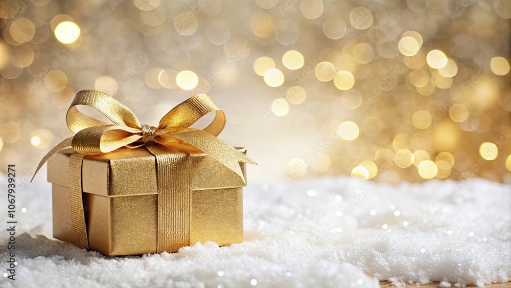 Elegant holiday gift box with golden ribbon on snowy background , elegant, holiday, gift, box, golden, ribbon, snow Elegant holiday gift box with golden ribbon on snowy background , elegant, holiday, gift, box, golden, ribbon, snow