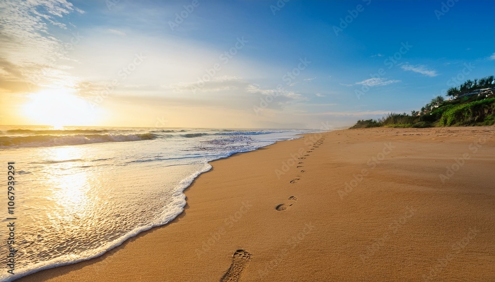 Footprints on the beach sand in the morning Footprints on the beach sand in the morning