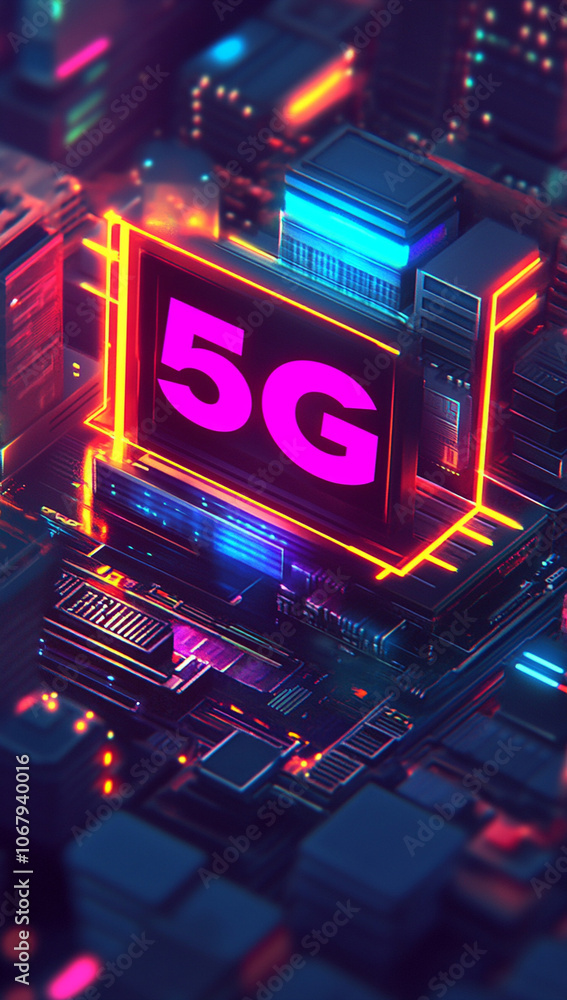 Digital background featuring word 5G in bold, illuminated with vibrant neon colors, set against futuristic cityscape of technology and innovation Digital background featuring word 5G in bold, illuminated with vibrant neon colors, set against futuristic cityscape of technology and innovation