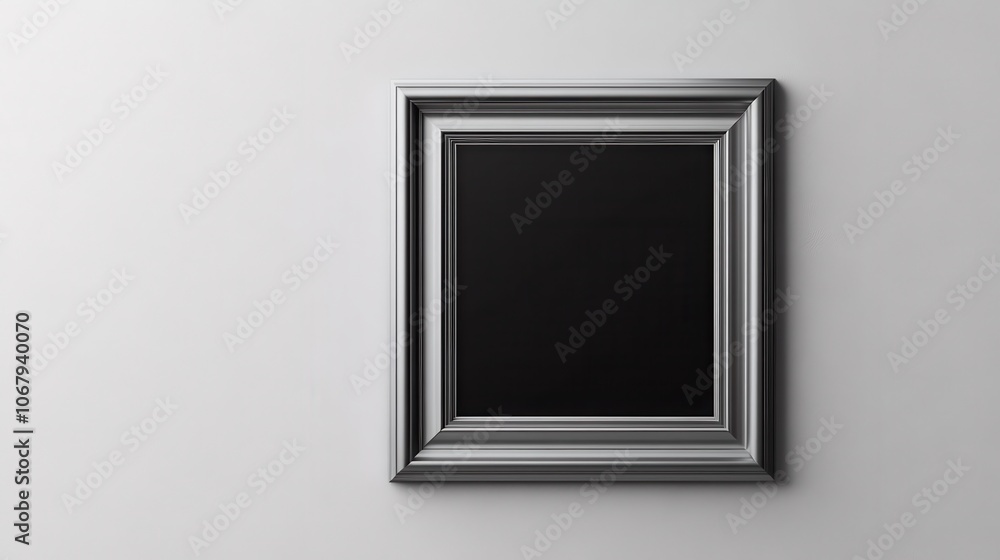 A sleek, modern silver picture frame hangs against a minimalist wall, featuring an empty black space, inviting creativity and personalization. A sleek, modern silver picture frame hangs against a minimalist wall, featuring an empty black space, inviting creativity and personalization.