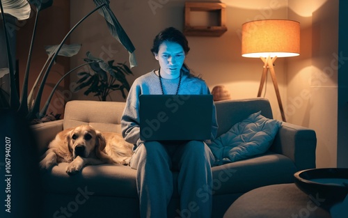 Woman working on laptop with dog on couch at night. photo