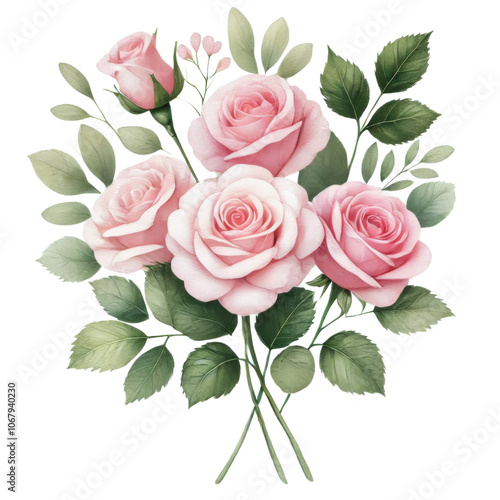 Cluster of pink roses with soft green leaves, isolated on transparent background.