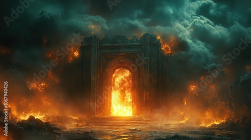 A burning entrance to a mysterious dungeon filled with monsters sets the tone for an exciting fantasy game, providing an ideal backdrop for a banner, card, or poster.