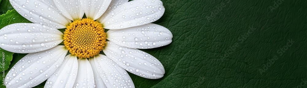 A close-up of a dew-kissed daisy with white petals and a yellow center, set against a lush green leaf background. A close-up of a dew-kissed daisy with white petals and a yellow center, set against a lush green leaf background.