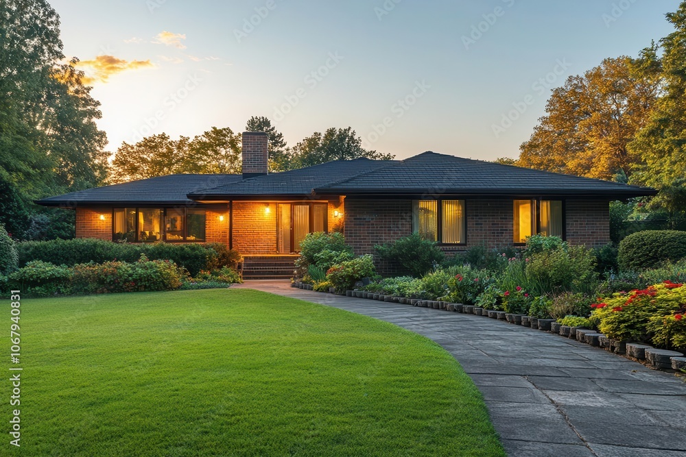 A cozy, modern home surrounded by lush greenery and colorful gardens, illuminated by warm evening light. A cozy, modern home surrounded by lush greenery and colorful gardens, illuminated by warm evening light.