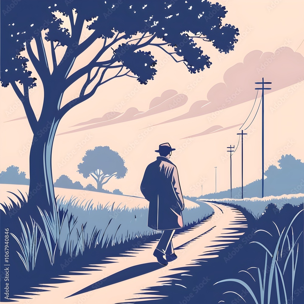 Obraz premium Vintage Style Illustration of a Man Walking Along a Rural Path with Trees and Telephone Poles - Solitary Journey in Pastel Landscape
