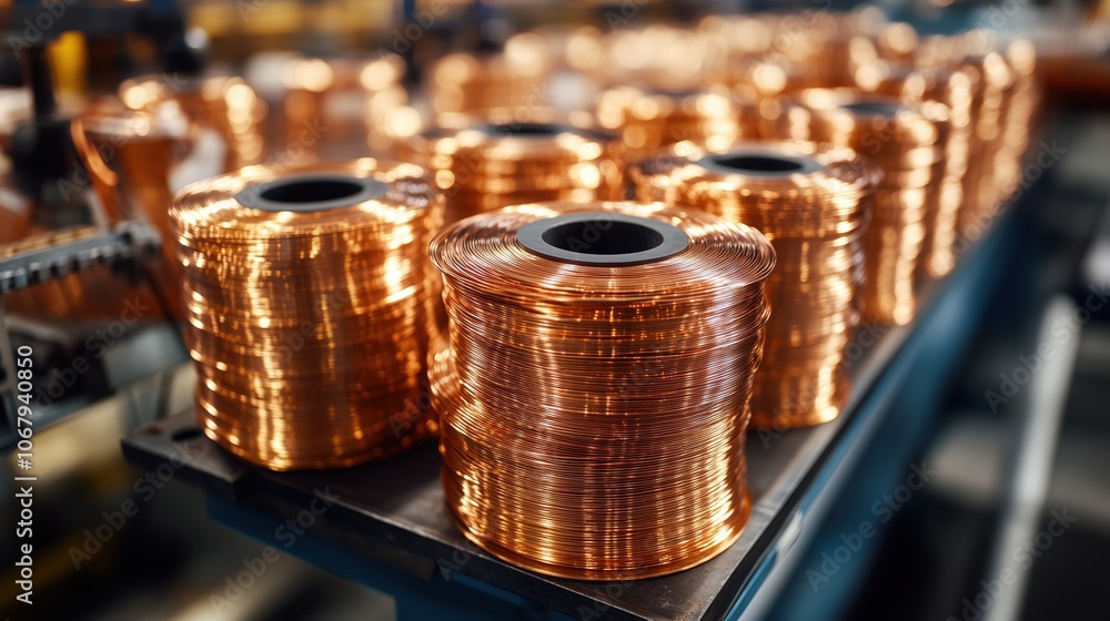 Close-up of Copper Wire Rolls in Production. Close-up view of copper wire rolls stacked in a manufacturing facility, showcasing precision in metal processing and industrial supply. Close-up of Copper Wire Rolls in Production. Close-up view of copper wire rolls stacked in a manufacturing facility, showcasing precision in metal processing and industrial supply.