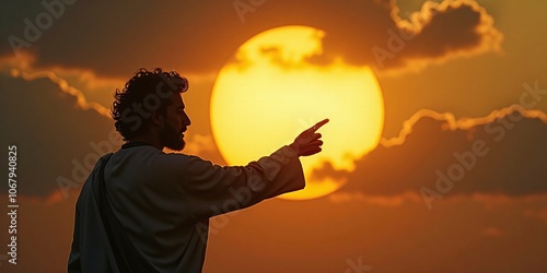 Joshua Commands the Sun to Stand Still, Joshua pointing at the sun in a dramatic sky, holding it in place.