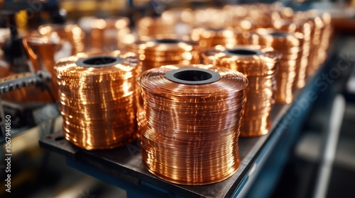 Close-up of Copper Wire Rolls in Production. Close-up view of copper wire rolls stacked in a manufacturing facility, showcasing precision in metal processing and industrial supply.