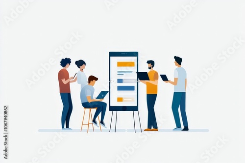 A software developer testing a new app, surrounded by team members discussing features and improvements