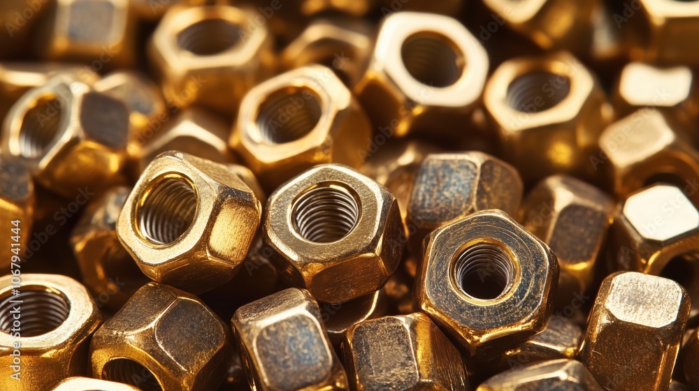 Golden Hex Nuts Used in Manufacturing. Hexagonal nuts with a golden finish, essential in industrial and mechanical applications for securing components in construction and manufacturing. Golden Hex Nuts Used in Manufacturing. Hexagonal nuts with a golden finish, essential in industrial and mechanical applications for securing components in construction and manufacturing.