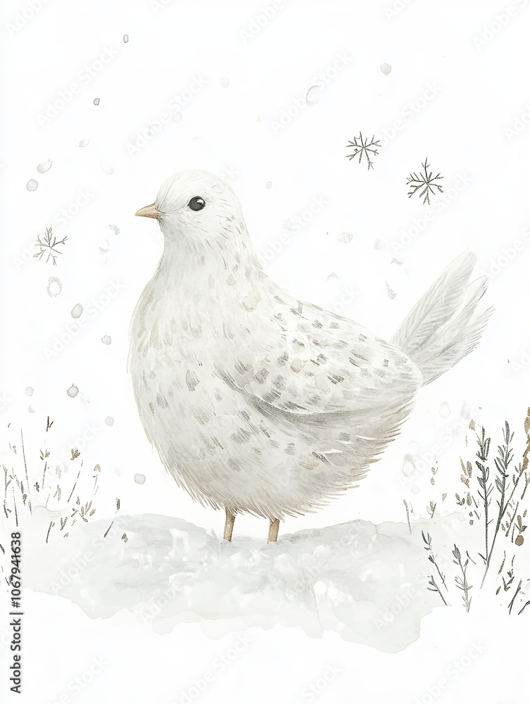 cozy watercolor style snowy ptarmigan stands gracefully in winter landscape, surrounded by delicate snowflakes and soft snow. This charming bird captures essence of serene snowy day cozy watercolor style snowy ptarmigan stands gracefully in winter landscape, surrounded by delicate snowflakes and soft snow. This charming bird captures essence of serene snowy day