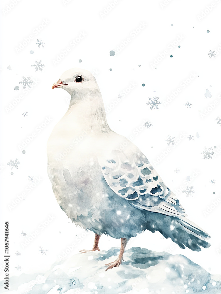 snowy ptarmigan stands gracefully on snowy surface, showcasing its beautiful white and light blue feathers. serene winter background adds peaceful touch to this watercolor style illustration snowy ptarmigan stands gracefully on snowy surface, showcasing its beautiful white and light blue feathers. serene winter background adds peaceful touch to this watercolor style illustration