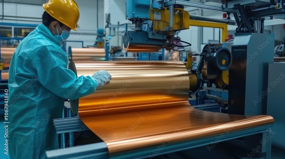 Technician Operating Copper Roll Machine in Factory. Technician in protective gear operates a machine rolling copper sheets in a factory, showcasing precision in copper processing and manufacturing. Technician Operating Copper Roll Machine in Factory. Technician in protective gear operates a machine rolling copper sheets in a factory, showcasing precision in copper processing and manufacturing.