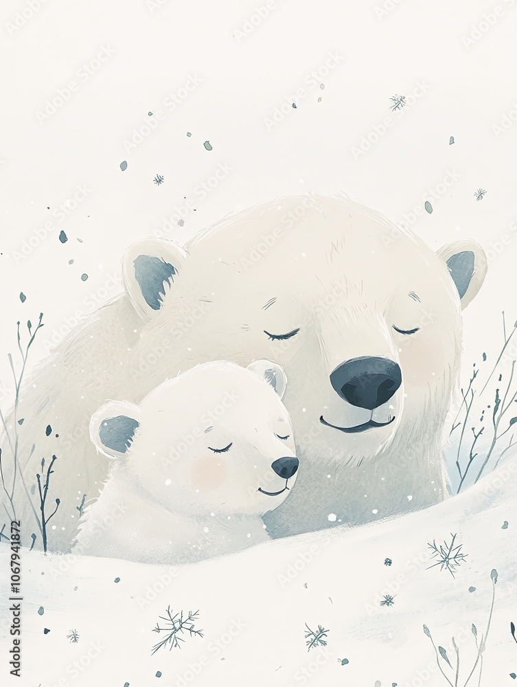 cozy winter scene featuring mother polar bear and her cub, both peacefully resting in snow. Their gentle expressions evoke warmth and love in serene, snowy landscape cozy winter scene featuring mother polar bear and her cub, both peacefully resting in snow. Their gentle expressions evoke warmth and love in serene, snowy landscape
