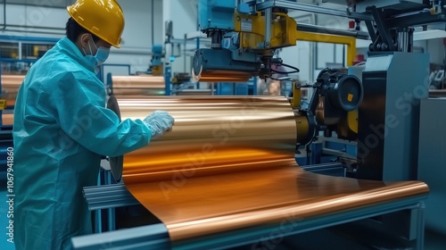 Technician Operating Copper Roll Machine in Factory. Technician in protective gear operates a machine rolling copper sheets in a factory, showcasing precision in copper processing and manufacturing.