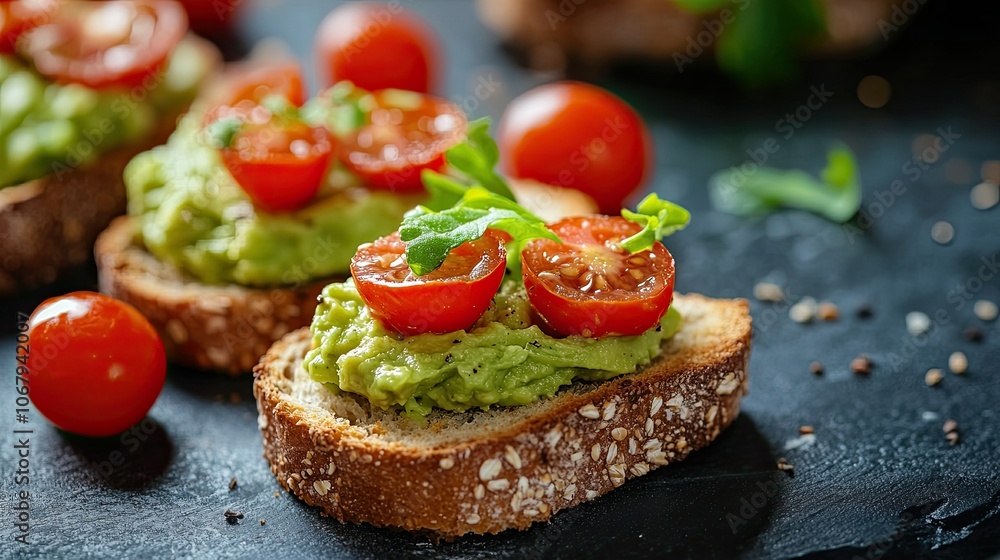 A close-up of gluten-free bread slices, avocado spread, and cherry tomatoes, arranged aesthetically for a healthy food concept. A close-up of gluten-free bread slices, avocado spread, and cherry tomatoes, arranged aesthetically for a healthy food concept.