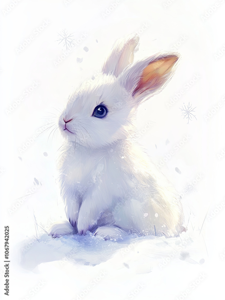 Obraz premium joyful watercolor style arctic hare with soft white fur and large expressive eyes sits in snowy landscape, evoking sense of wonder and tranquility