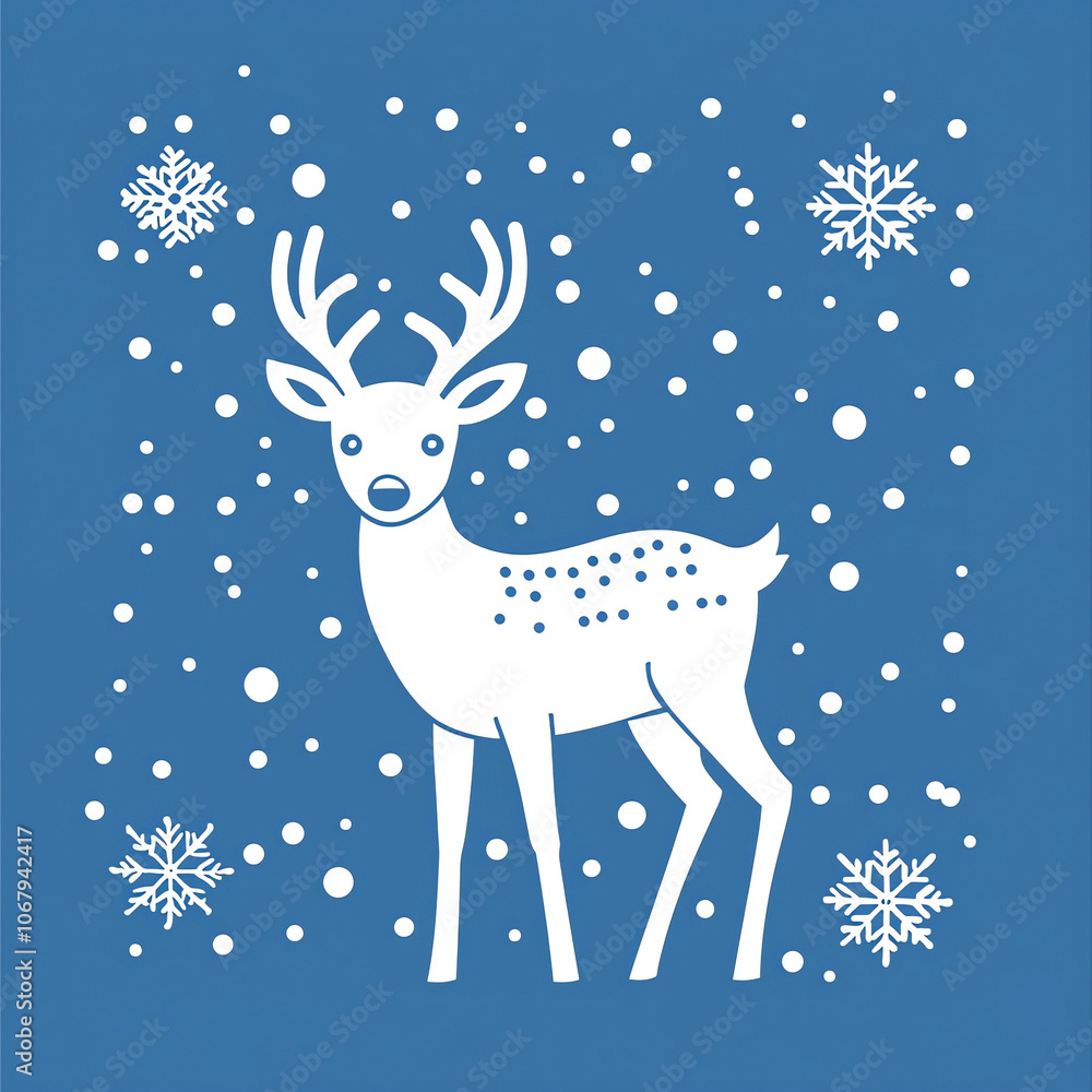 White deer vector on a blue background with snowflakes, a simple design. White deer vector on a blue background with snowflakes, a simple design.