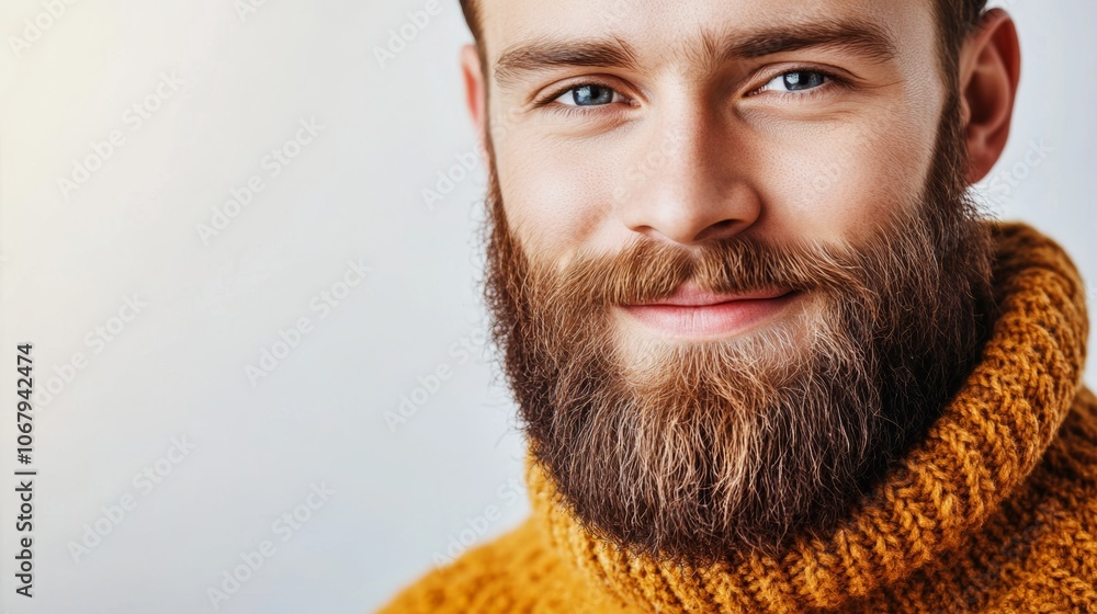Obraz premium Portrait of a Smiling Man with a Beard and a Brown Sweater