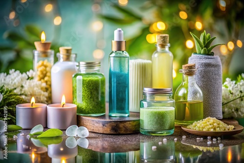 Close-up of spa products on a long exposure grey table.