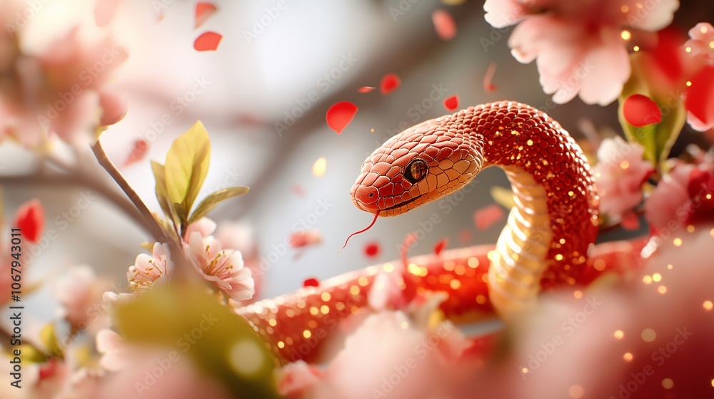 Vibrant Red Snake Among Cherry Blossoms Vibrant Red Snake Among Cherry Blossoms