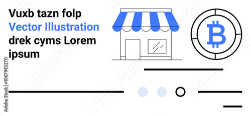 Shopfront with blue and white awning, Bitcoin icon, text blocks and lines. Ideal for e-commerce, cryptocurrency, online payments, digital stores, financial tech, blockchain, landing page