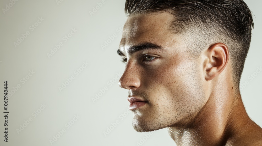 Fototapeta premium Close up Profile Portrait of Handsome Young Man with Short Hairstyle