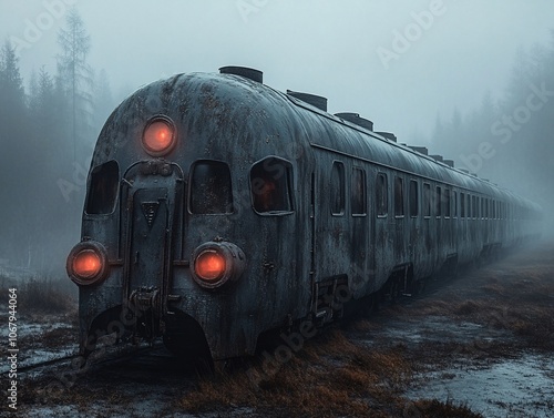 A rusty, abandoned train sits in a misty forest, its red lights glowing ominously. photo