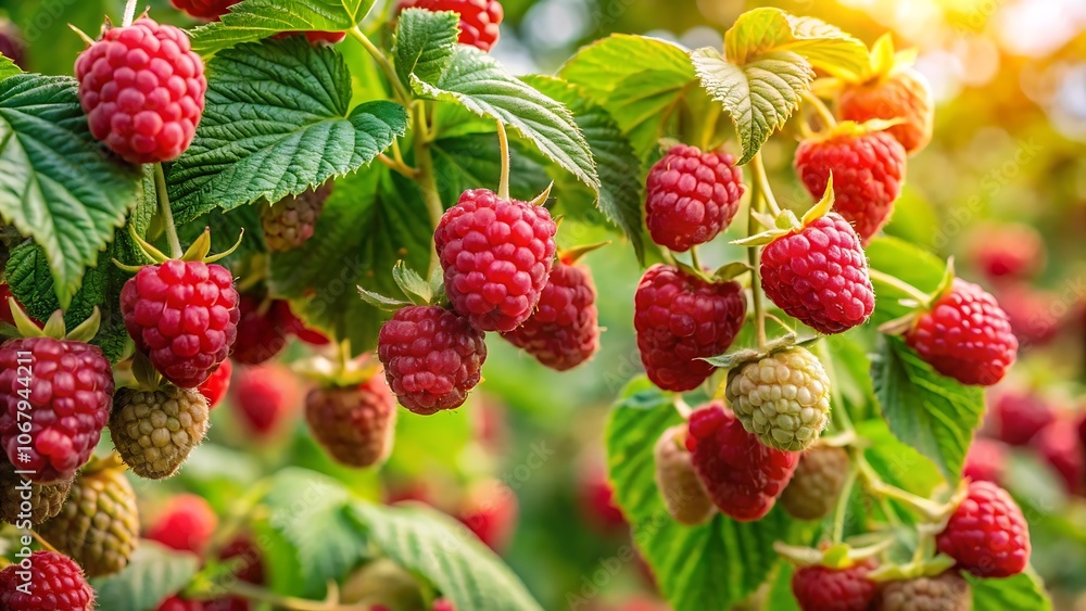 Close-up of a bountiful raspberry bush with ripe red berries ready for harvest, raspberry, crop, fresh, ripe, red, berries, JPG, AI GENERATED