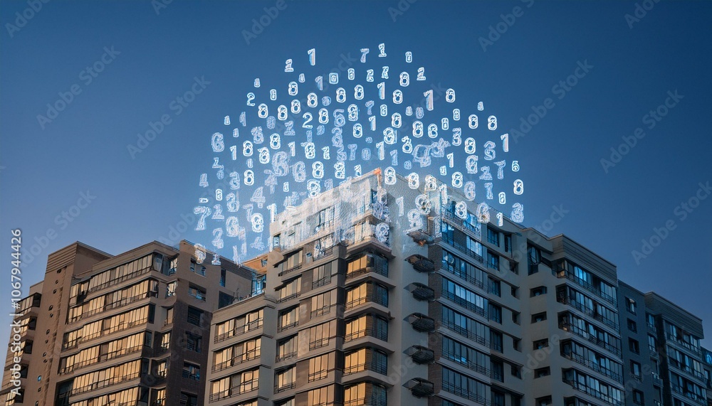 Fototapeta premium A scene where numbers representing apartment prices float in the sky