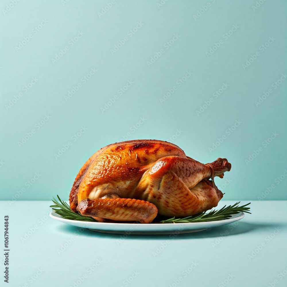 Roasted turkey on white plate with rosemary sprigs against a blue background Roasted turkey on white plate with rosemary sprigs against a blue background