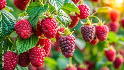 Close-up of a bountiful raspberry bush with ripe red berries ready for harvest, raspberry, crop, fresh, ripe, red, berries, JPG, AI GENERATED