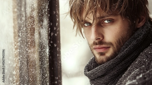 Man Looking Out Window in Winter Snow Falling Close Up Portrait