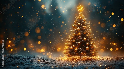 A Christmas tree decorated with golden lights and ornaments symbolizes holiday cheer, perfect for festive greeting cards.